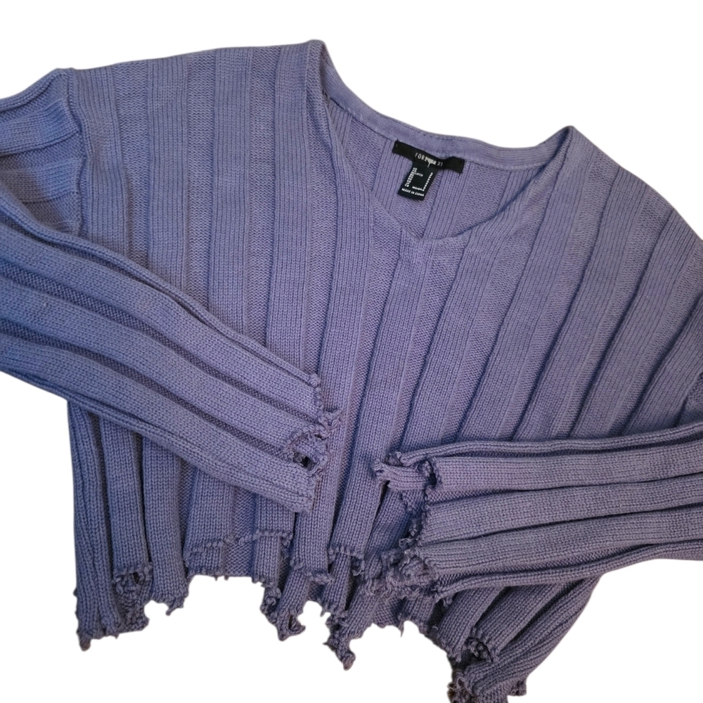Forever 21 Ribbed Cropped Sweater Small Blue Distressed Hem Y2K
